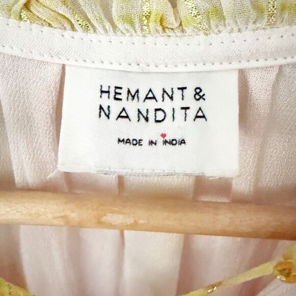 HEMANT AND NANDITA | Thick & Thin Striped Plaid Dress Yellow Pink Orange | Small - Picture 6 of 8